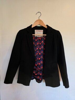 Cantonnier black blazer with abstract purple/orange lining. Size 0P.
